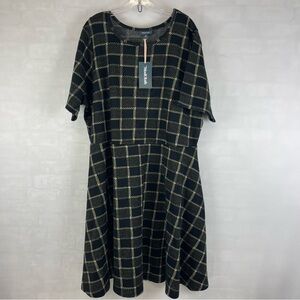 NEW ModCloth Women’s Plus 3X Plaid Check Knit‎ Dress Black & Gold Metallic